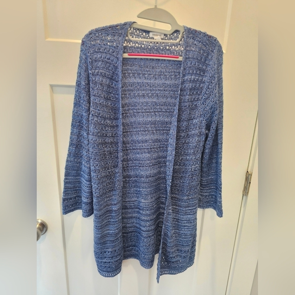 Westport Blue Open Knit Cardigan Sweater Women’s Size M – Crochet Lightweight